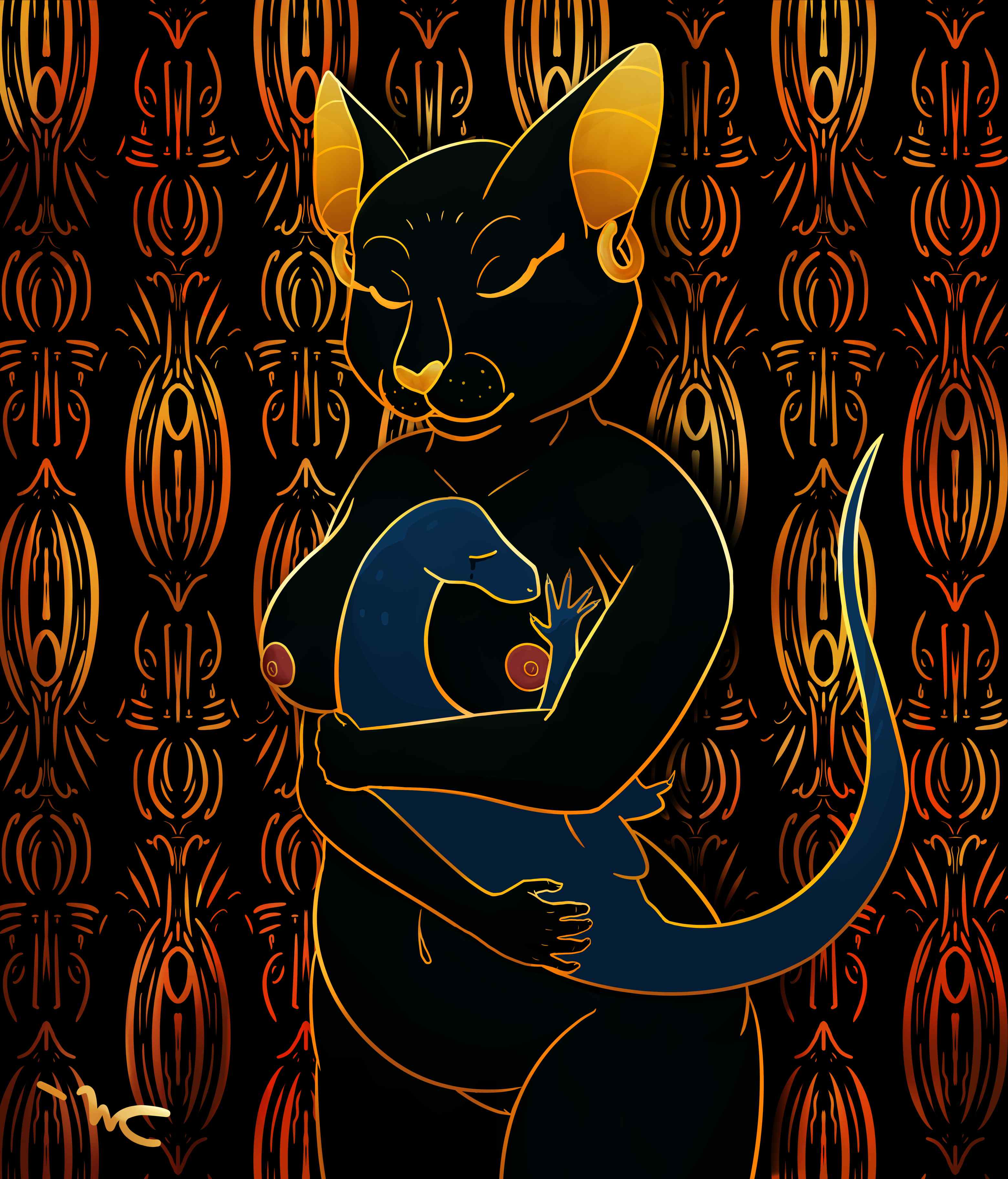 The Egyptian Goddess Bastet gently holding a crying monitor lizard. She is nude. The image is mostly black and gold, but the lizard is blue and Bastet's nipples are pink.